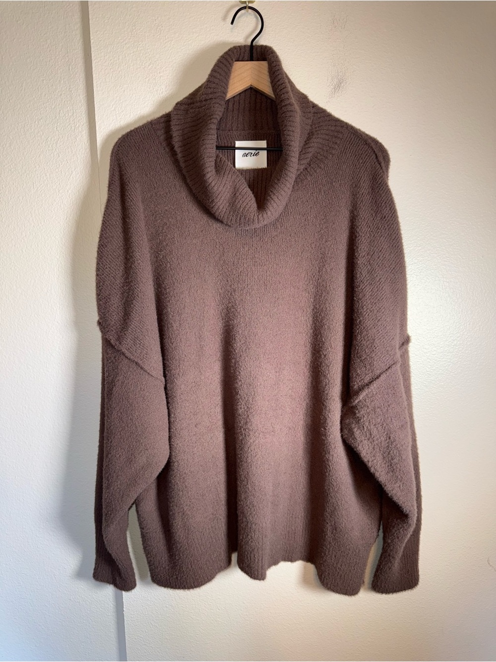 AERIE Plush Teddy Turtleneck Cozy Autumn Sweater in Soft Brown oversized XXL